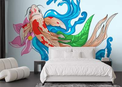 hand drawn koi fish, tropical japanese flowers vector illustration.Colorful Koi carp with Water splash,lotus and peony flower. Print for t-shirt graphic and other uses. Wall mural