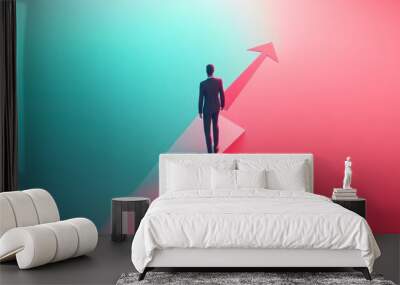 A person walking towards an upward arrow, symbolizing growth and progress. Wall mural