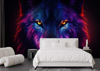 Closeup wolf head in colorful neon light Wall mural