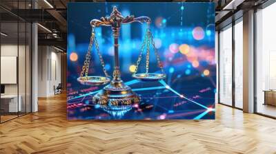 Futuristic scale of justice in blue glowing neon line background Wall mural