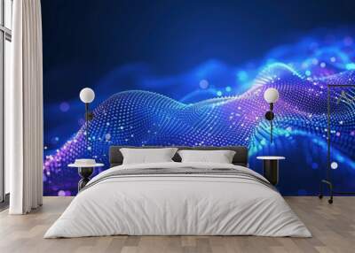 Particles dots wavy lines pink, purple, and blue lights background Wall mural