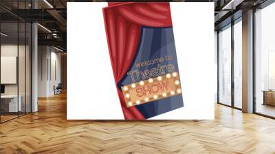 Advertising booklet with cartoon text Welcome to theatre show. Retro paper leaflet with performance program, light bulbs frame and theatre red curtain, cartoon folded brochure vector illustration Wall mural