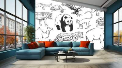 Asian animals outline icons set vector illustration. Line hand drawn wildlife collection of Asia, zoo and wild animals from tropical jungle, panda tiger rhinoceros macaque camel leopard elephant Wall mural