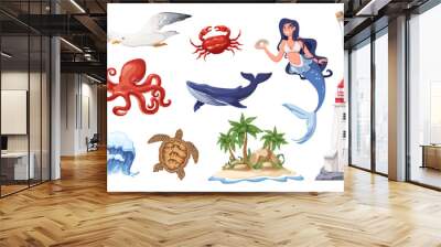 Cartoon sea elements set, marine animals and characters. Lighthouse and bottle with treasure map, island with palm trees and wave, mermaid and whale, turtle in cartoon collection vector illustration Wall mural