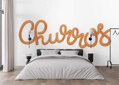 Churros lettering with sweet sticks font vector illustration. Cartoon isolated churro snacks and traditional Mexican and Spanish sweet food in typography poster design for tasty restaurant menu Wall mural