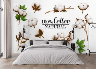 Cotton plants set, vector illustration. Cartoon isolated boll and pod with raw fluffy organic fiber of cotton harvest, natural leaf and bud on branch in botanical background Wall mural