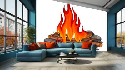 Glowing fire of bonfire with charcoal and firewood vector illustration. Cartoon isolated fiery tongues of flame burn on rocks, flammable coal and wood, outdoor campfire with red glow flaming Wall mural