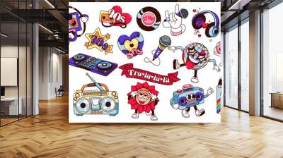 Groovy cartoon music characters and stickers set. Funny patch of of 70s 80s 90s music and culture, funky retro cartoon mascot of disco ball and flower with tongue, note and LP disk vector illustration Wall mural