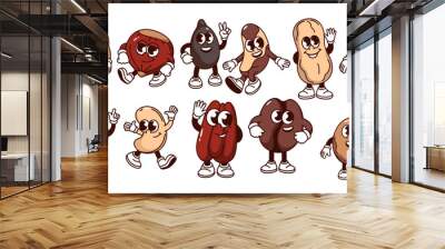 Groovy cartoon nut and bean characters set. Funny retro nuts for eating in healthy nutrition, protein snack mascots with happy expression, cartoon coffee sticker of 70s 80s style vector illustration Wall mural