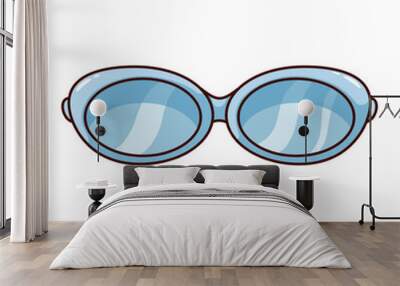 Groovy cartoon sunglasses with oval blue frames and lens. Funny retro fashion and casual accessory with reflection on glass, summer sunglasses cartoon sticker of 60s 70s style vector illustration Wall mural