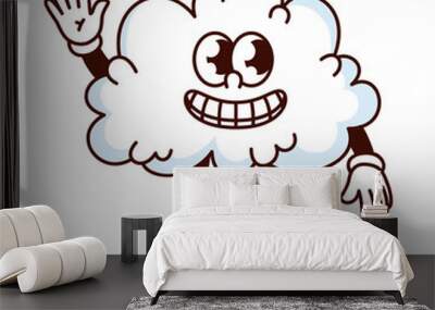 Groovy cloud cartoon character greeting with funky smile. Funny retro white bubble cloud showing happy grin with teeth, cloudy weather mascot, cartoon sticker of 70s 80s style vector illustration Wall mural