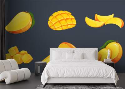 Mango set vector illustration. Cartoon isolated exotic organic fresh fruit cut in half pieces, ripe cubes and slices for healthy vitamin vegetarian menu, whole ripe sweet tropical mango with leaf Wall mural