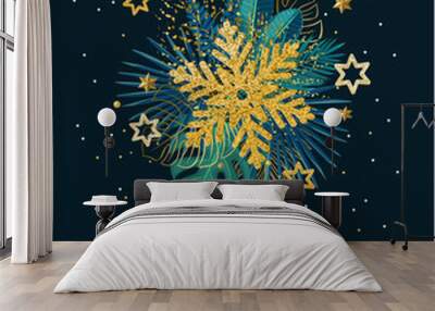 Merry Christmas, Happy New Year design template vector illustration. Garland decor with golden stars and snowflakes, abstract green leaves and confetti in luxury flyer, elegant cover of brochure Wall mural