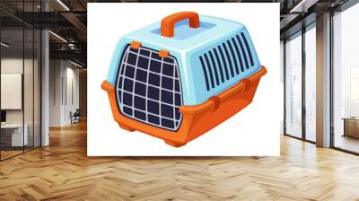 Pet carrier vector illustration. Cartoon isolated orange and blue plastic travel cage for dogs and cats, carrying portable box for animals transportation on car or train, veterinary accessory of pet Wall mural