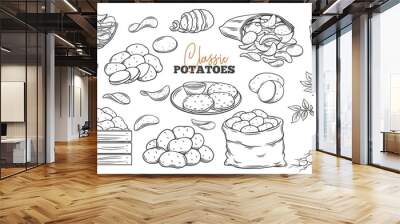 Potato products outline icons set Wall mural