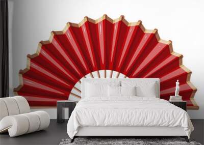 Red open fan, cartoon Chinese and Japanese traditional accessory. Retro handheld paper fan with gold border and wooden sticks, oriental festival decoration mascot, cartoon vector illustration Wall mural