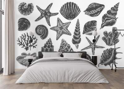 Seashell glyph icon vector illustration. Stamp of tropical marine animals with shells, underwater fauna of sea and ocean, aquarium collection with starfish and clam shell, shellfish mollusk and snail Wall mural