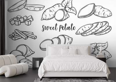 Sweet potato outline icons set vector illustration. Line hand drawn chopped yam vegetable, whole potato tuber with leaf and cut into slices and wedges, cubes and sticks, food ingredient for cooking Wall mural