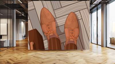 Top view of mans feet in leather shoes vector illustration. Cartoon legs of business person with briefcase, formal office outfit standing on floor tile, look down at pair of brown shoes of businessman Wall mural