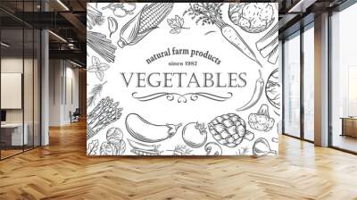 Vegetables, natural farm food products design template vector illustration. Outline hand drawn icons of fresh healthy collection for vegetarian and vegan diet, summer harvest of vegetables poster Wall mural