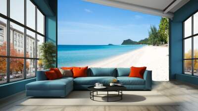 Beautiful wide of seascape with blue sky at daylight. Sand of beach smooth Sea. Wall mural