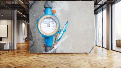 Top view water meter on cement background. Sanitary equipment. Wall mural