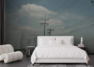 Peaceful sky divided by electric wires Wall mural