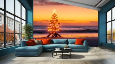 A coastal summer Christmas in Australia. A driftwood Christmas tree decorated with fairy lights on the beach in summer sunrise or sunset Wall mural