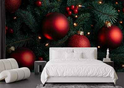 Above view on pine tree branches with Christmas fairy lights and red baubles Wall mural