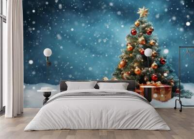 beautiful decorated christmas tree with present boxes in a winter landscape with snow. generative ai. Wall mural