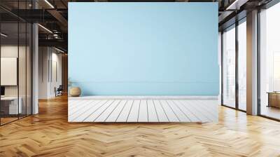 blue modern living room loft wall with white wooden floor 3d render illustration. generative ai. Wall mural