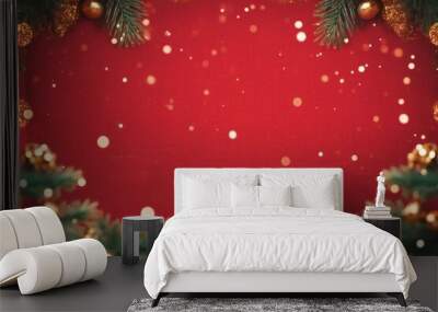 Christmas background with xmas tree and sparkle bokeh lights on red canvas background. Merry christmas card. Winter holiday theme. Happy New Year. Space for text. generative ai. Wall mural