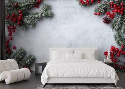 Christmas composition. Fir tree branches, red berries on gray background. Christmas, winter, new year concept. Flat lay, top view, copy spaceChristmas composition. Wall mural