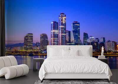 Cityscape night view of Yeouido, Seoul at sunset time Wall mural