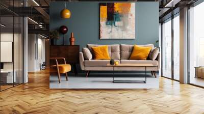 interior design, Abstract painting on grey wall of retro living room interior with beige sofa with pillows, vintage dark green armchair and yellow pouf with book. created generative ai. Wall mural