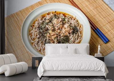 Korean food Naengmemilguksu, a winter delicacy, this buckwheat noodle dish is served in a cold chicken- or beef-based broth and topped with cold slices of beef and egg as a garnish. Wall mural