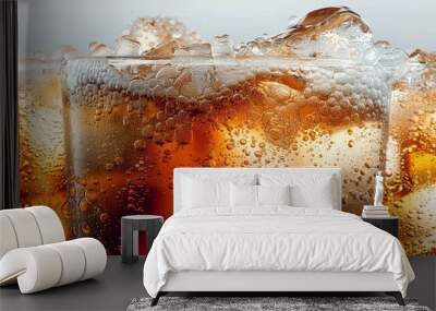 Pouring cola soda with ice and bubble on front view white background cold drink beverage. generative ai. Wall mural