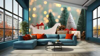 Small white sleigh, decorative Christmas trees and gift boxes on wooden table against blurred lights Wall mural