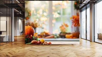 Thanksgiving dinner preparation. Table with pumpkin, carrot and onion for autumn season pie. Decorated kitchen in Halloween season. Cooking celebration feast. Fall seasonal vegetables. generative ai Wall mural