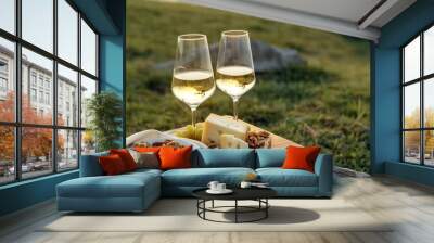 Two glasses of white wine and a wooden plate with cheese and nuts served outside at sunset. generative ai. Wall mural