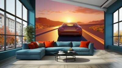 Modern car on the road at sunset in a desert area Wall mural