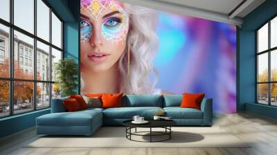 A beautiful woman in the psychedelic rainbower goddess beauty white holy fashion dessous style background, ai generated Wall mural