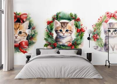 animal kitty in christmas wreath watercolor ai generated Wall mural