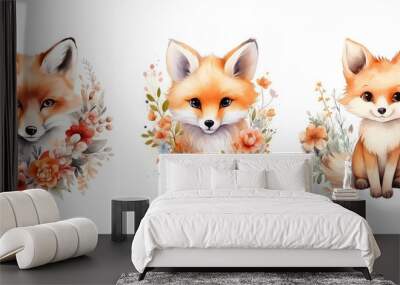 baby cute fox floral watercolor ai generated Wall mural