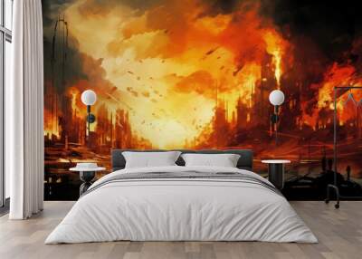 destroy destroyed city fire illustration background red, explosion danger, apocalypse town destroy destroyed city fire Wall mural