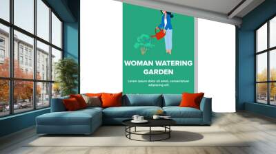 green woman watering garden vector. summer hobby, water plant, young flower green woman watering garden web flat cartoon illustration Wall mural