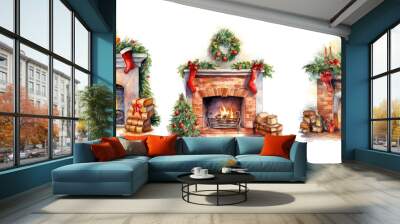 holiday christmas fireplace watercolor ai generated Wall mural