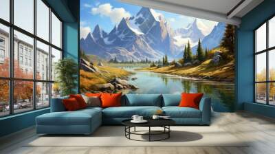 lake reflection river alpine landscape illustration sky nature, mountain view, scenic travel lake reflection river alpine landscape Wall mural