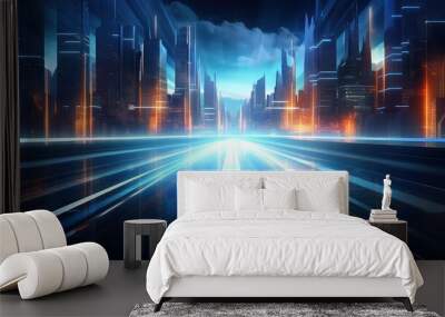 light futuristic night city illustration scape digital, building future, street urban light futuristic night city Wall mural