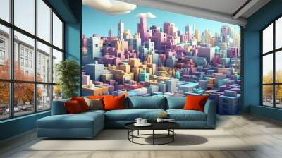 pixel voxel city landscape illustration background design, 3d render, modern futuristic pixel voxel  Wall mural